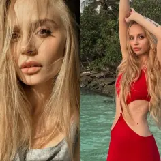 Sylwia Gaczorek w czerwonym stroju kąpielowym na tle tropikalnej plaży. Jej wiek to tajemnica, ale na pewno jest młoda i piękna.