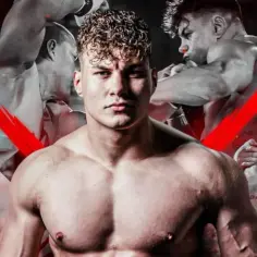 Młody zawodnik MMA, który wygląda na około 20 lat, w centrum, otoczony przez sceny walki.