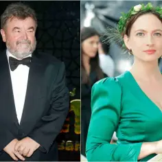 Małgorzata Miszczak, żona Edwarda, w zielonej sukni i wianku z kwiatów obok mężczyzny w smokingu.