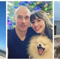 Piotr Żyła z partnerką i psem pod choinką. Obok zdjęcia kobiety w bikini na plaży.