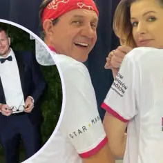 Weronika Anna Chajzer i jej partner na gali. Na drugim planie uśmiechnięty mężczyzna w czerwonej bandanie.