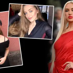 Caroline Derpienski kiedyś: urocza nastolatka w czapce i okularach, a obok selfie z niebieskimi oczami i zdjęcie z czerwonego dywanu w czerwonej sukni.