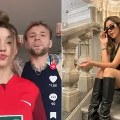 Vanessa Rojewska na zdjęciu po lewej w czerwonej bluzie z partnerem, po prawej w eleganckiej stylizacji.