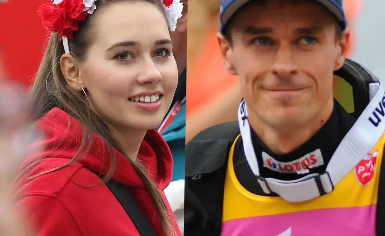 Uśmiechnięta dziewczyna z wiankiem na głowie i Piotr Żyła, skoczek narciarski, w stroju sportowym.