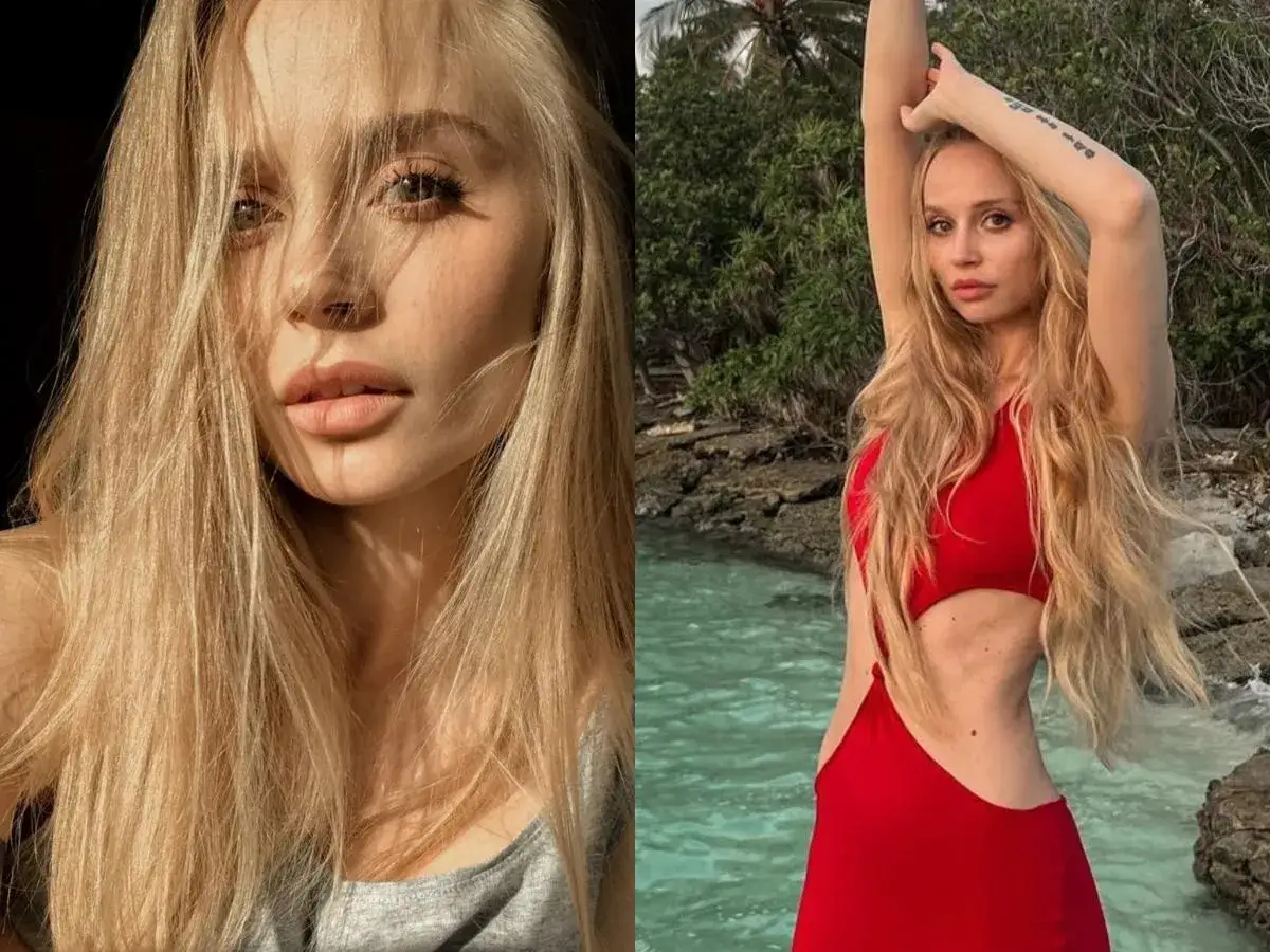 Sylwia Gaczorek w czerwonym stroju kąpielowym na tle tropikalnej plaży. Jej wiek to tajemnica, ale na pewno jest młoda i piękna.