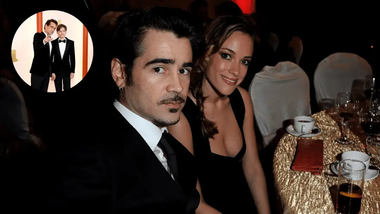 Colin Farrell z synem Henrym Tadeuszem. W tle kobieta, stół z kawą i winem.