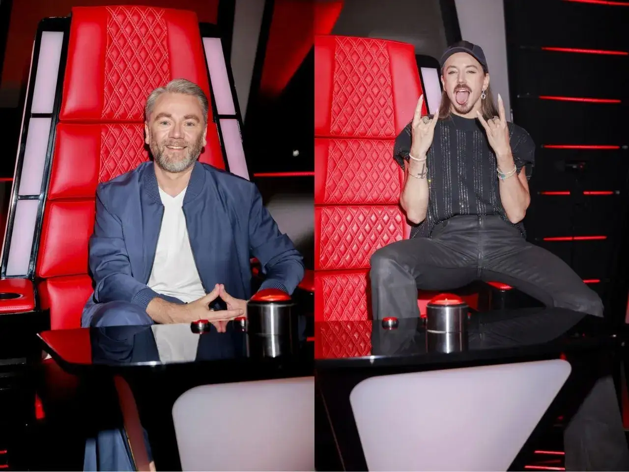 Michał Szpak z żoną, oboje siedzą na czerwonych fotelach w studiu The Voice.