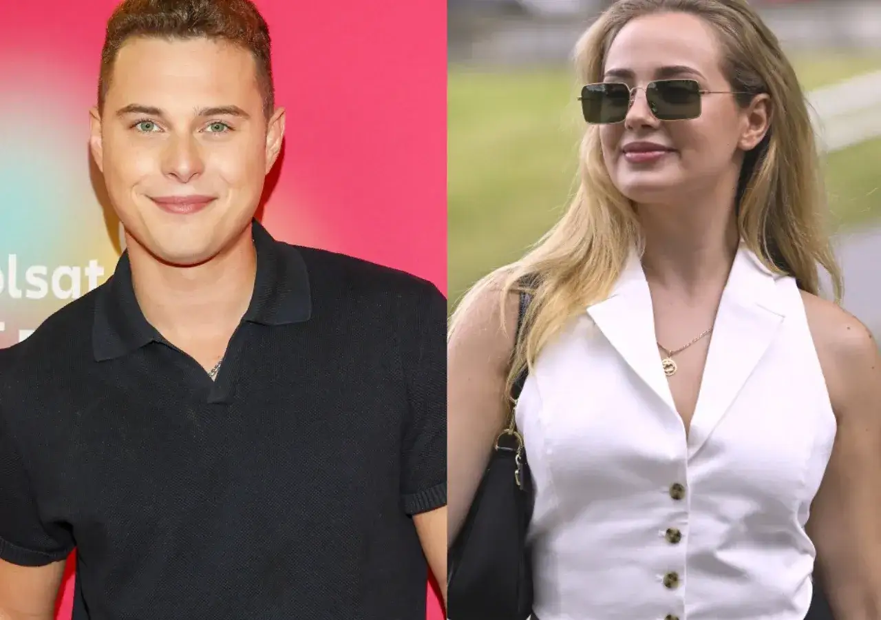 Adam Zdrójkowski z partnerką, uśmiechnięty aktor i jego ukochana w okularach przeciwsłonecznych.