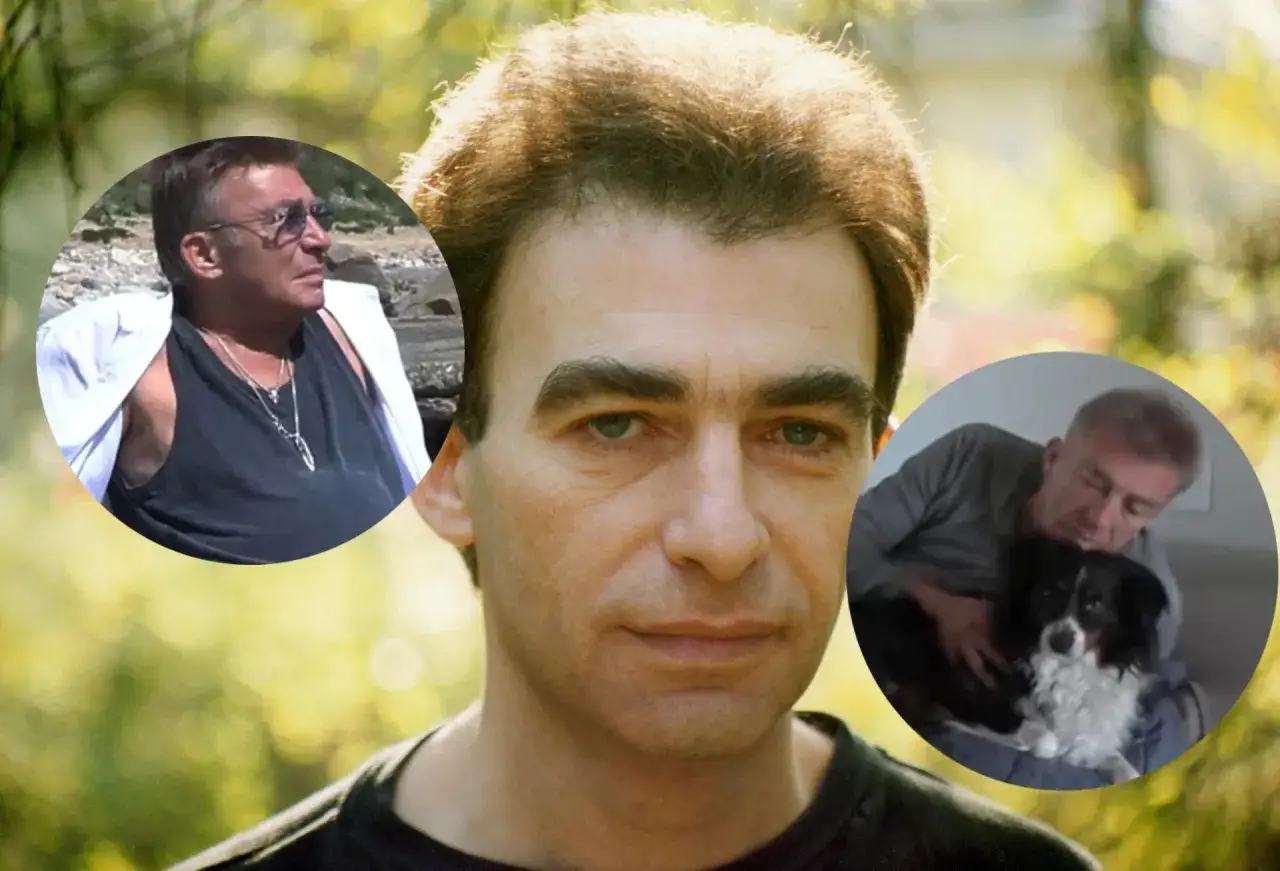 Seweryn Krajewski dzisiaj, w centrum twarz artysty, po bokach jego zdjęcia z psem i nad morzem.