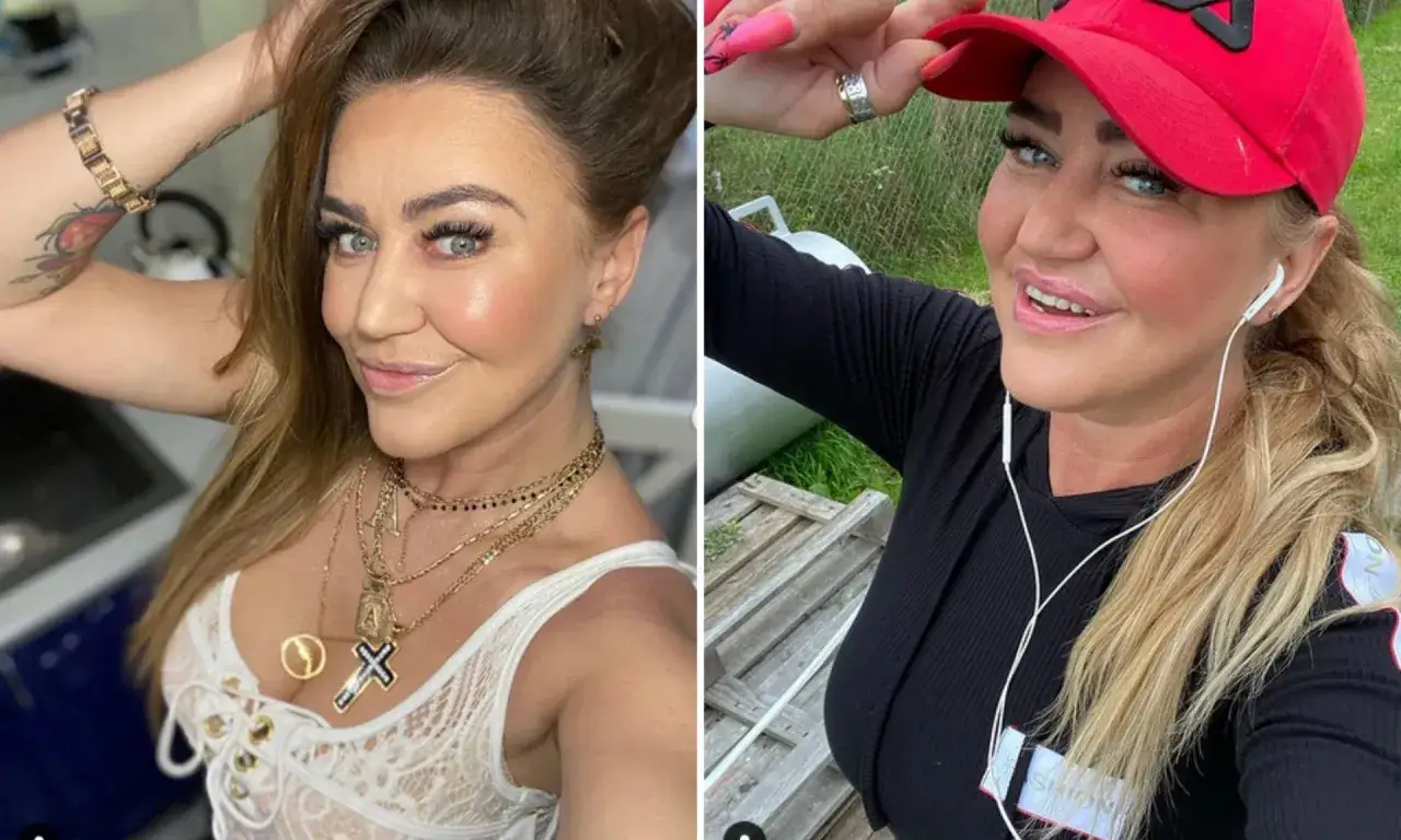 Agnieszka Kotońska kiedys, w koronkowej bieliźnie i z wieloma złotymi naszyjnikami, obok w czarnej bluzie i czerwonej czapce.