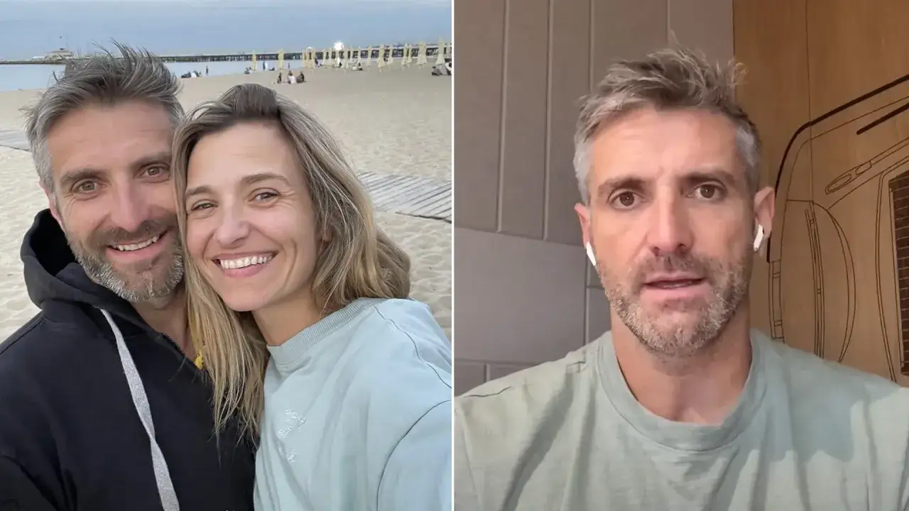 Maciej Dowbor z żoną na plaży, a w drugim kadrze sam Maciej. Plotki o zdradzie nie mają potwierdzenia.